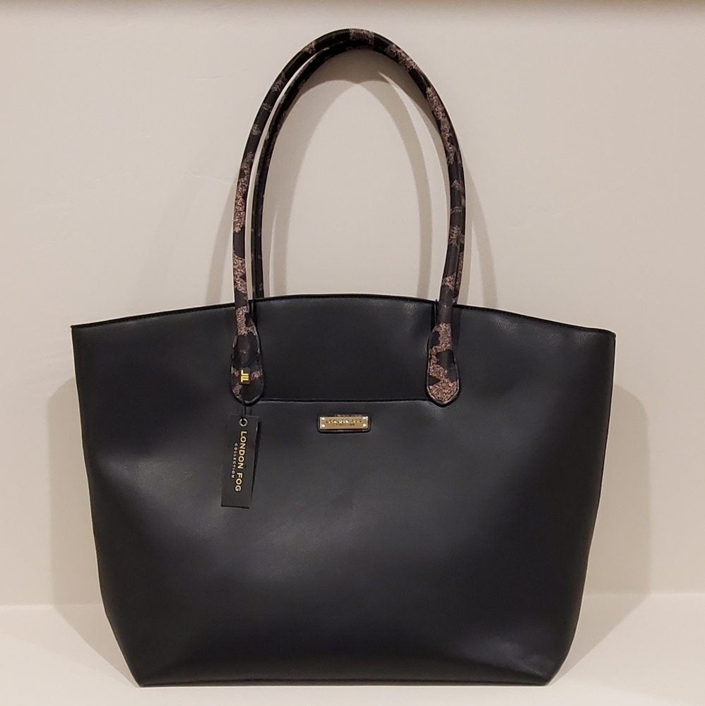 London Fog Large Rory Multi-Purpose Travel Black Tote, Leopard Handles NWT